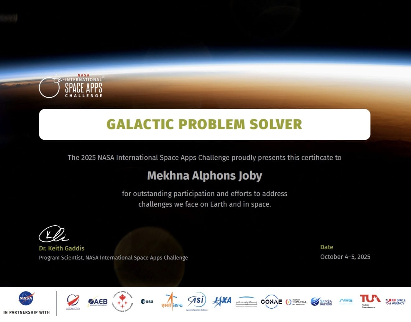 NASA Galactic Problem Solver Certificate
